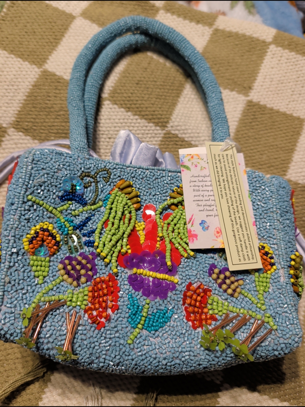 Hand-Beaded Blue Floral Women's Tote Handcrafted In India
